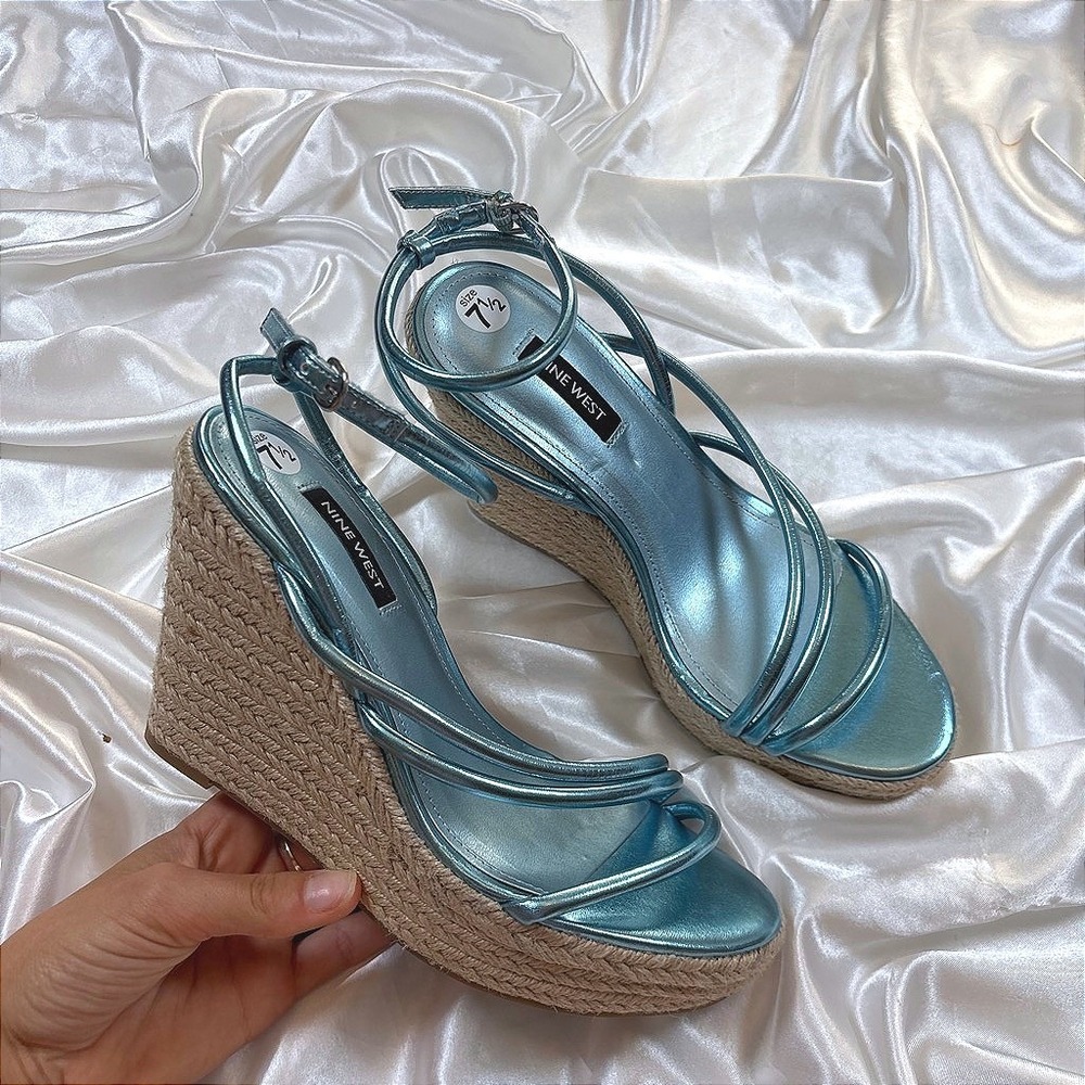 y2k Nine West Wedges Blue Excellent Metallic Strappy Espadrille WNHIPSTA3